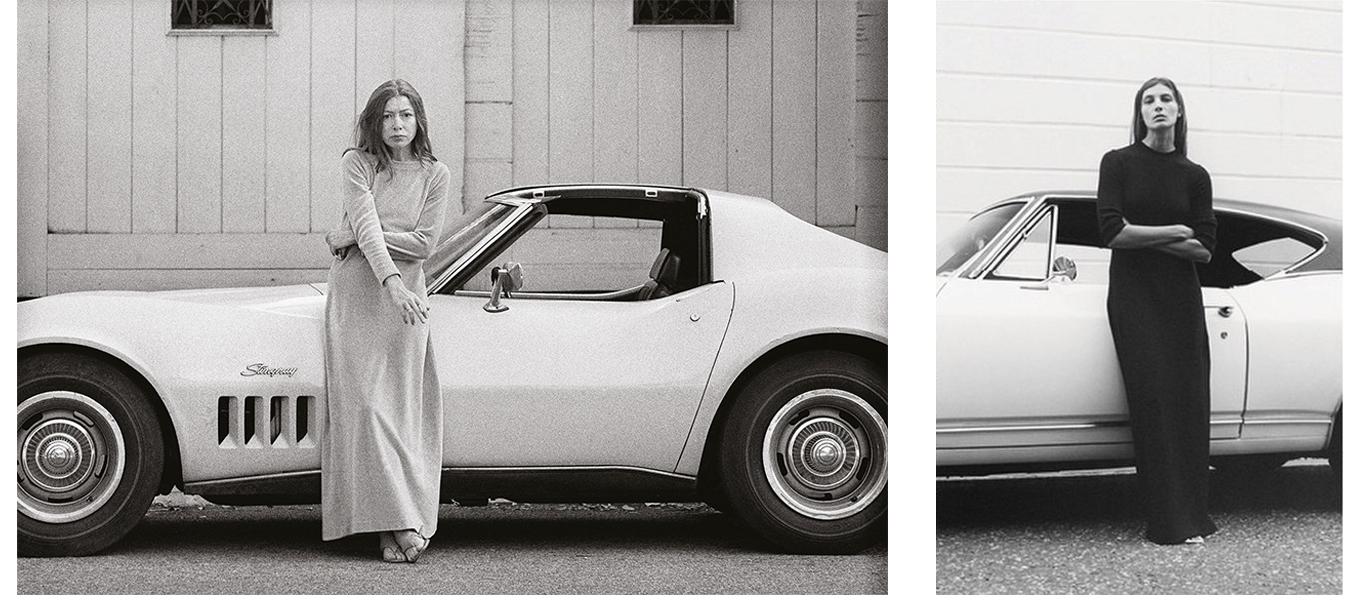 Joan Didion in una foto del 1968 di Julian Wasser e la campagna di Céline del 2015 con Daria Werbovy fotografata da Tyrone Lebon
